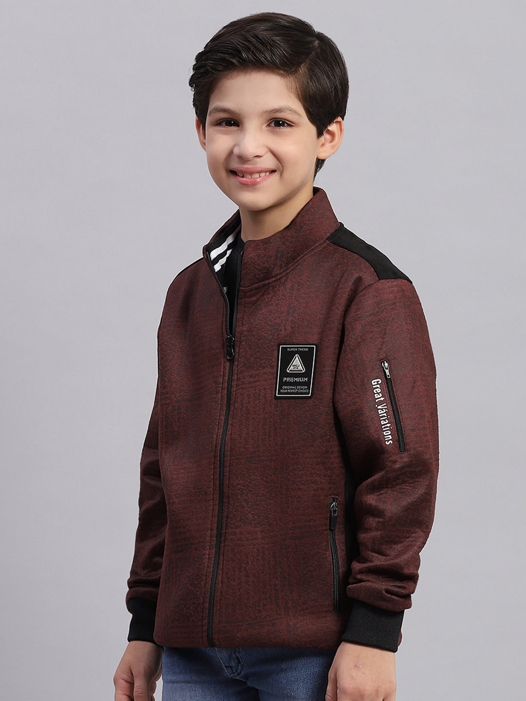 Boys Brown Printed Stand Collar Full Sleeve Sweatshirt