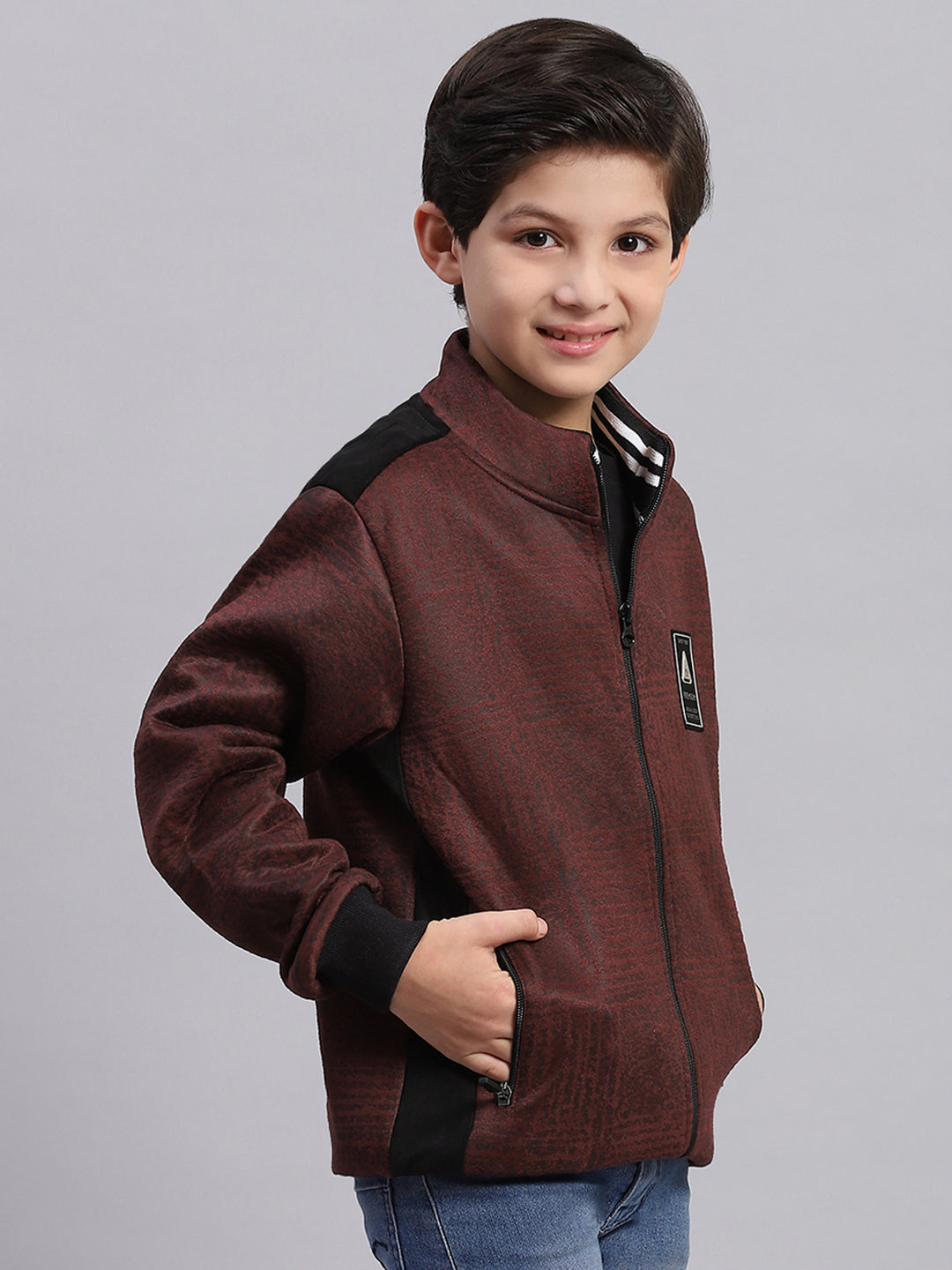 Boys Brown Printed Stand Collar Full Sleeve Sweatshirt