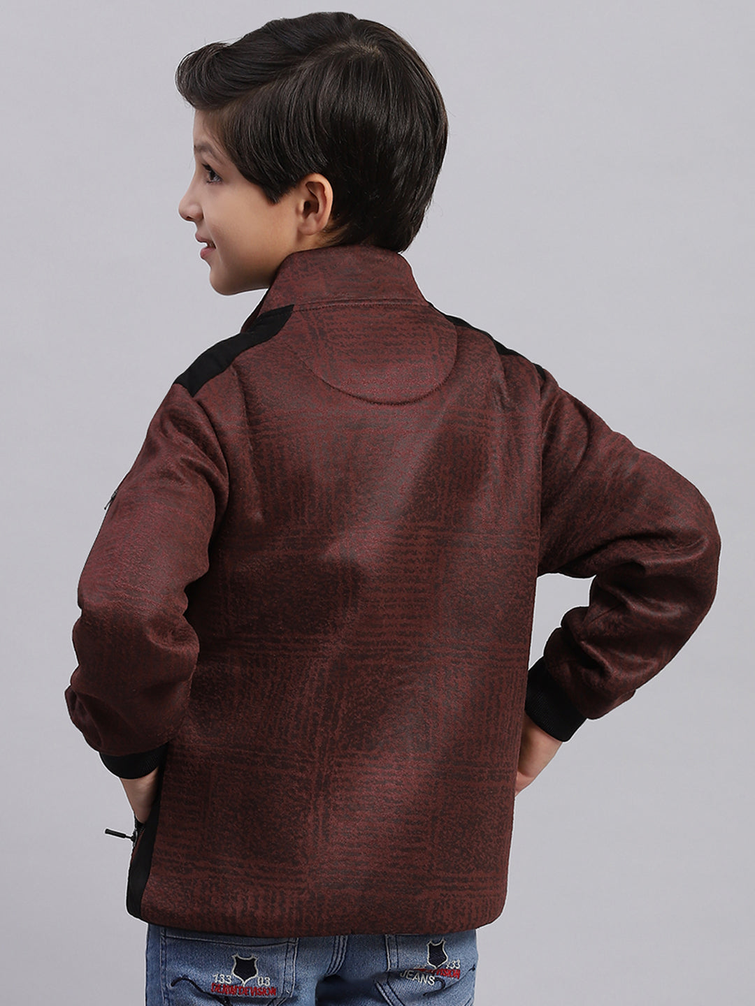 Boys Brown Printed Stand Collar Full Sleeve Sweatshirt