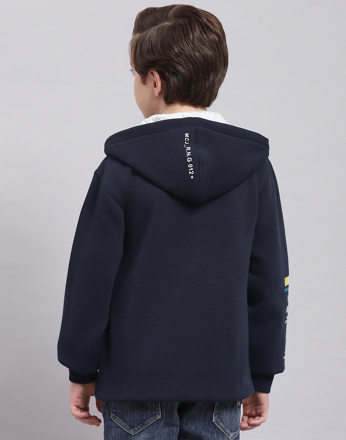 Boys Navy Blue Printed Hooded Full Sleeve Sweatshirt