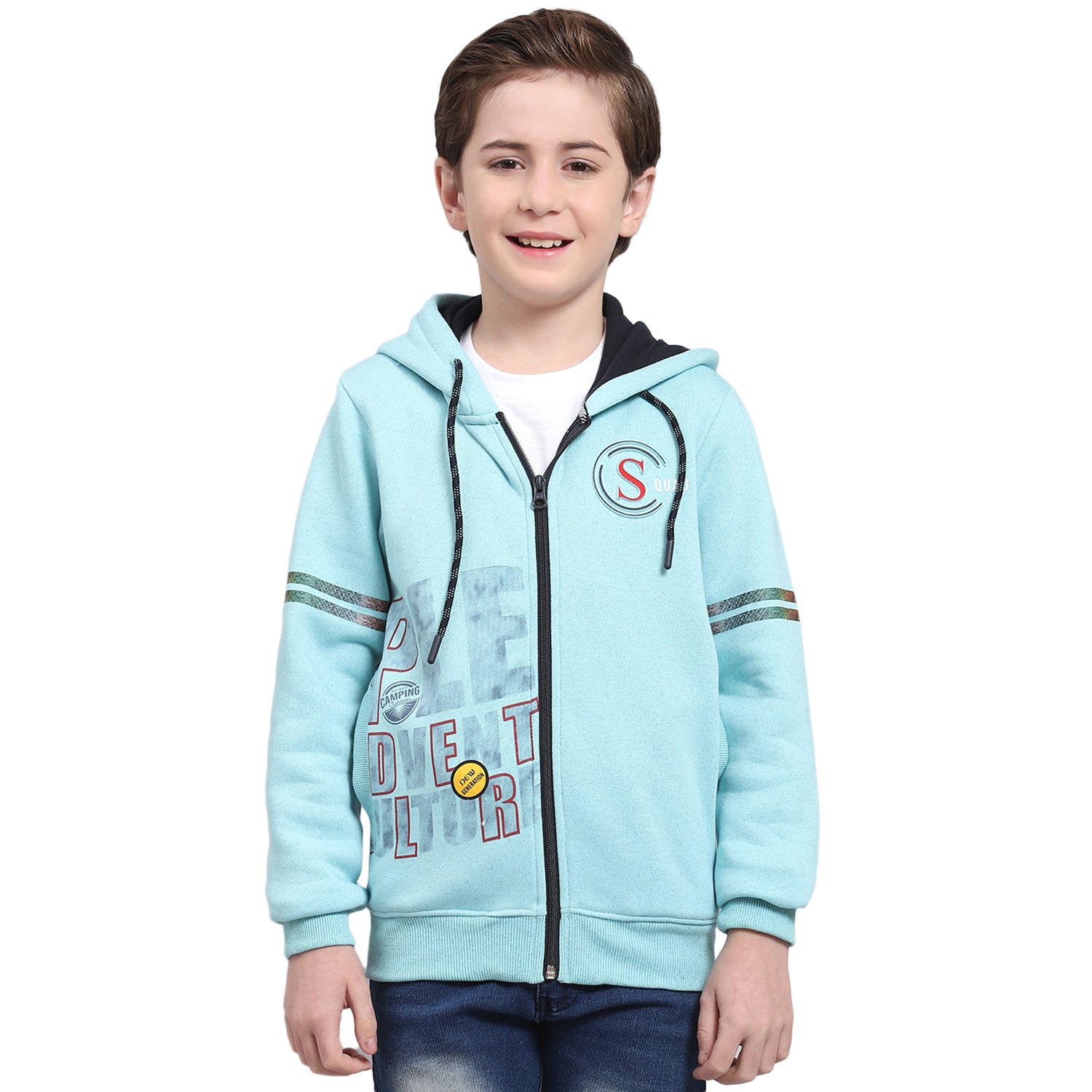 Boys Turquoise Blue Printed Hooded Full Sleeve Sweatshirt