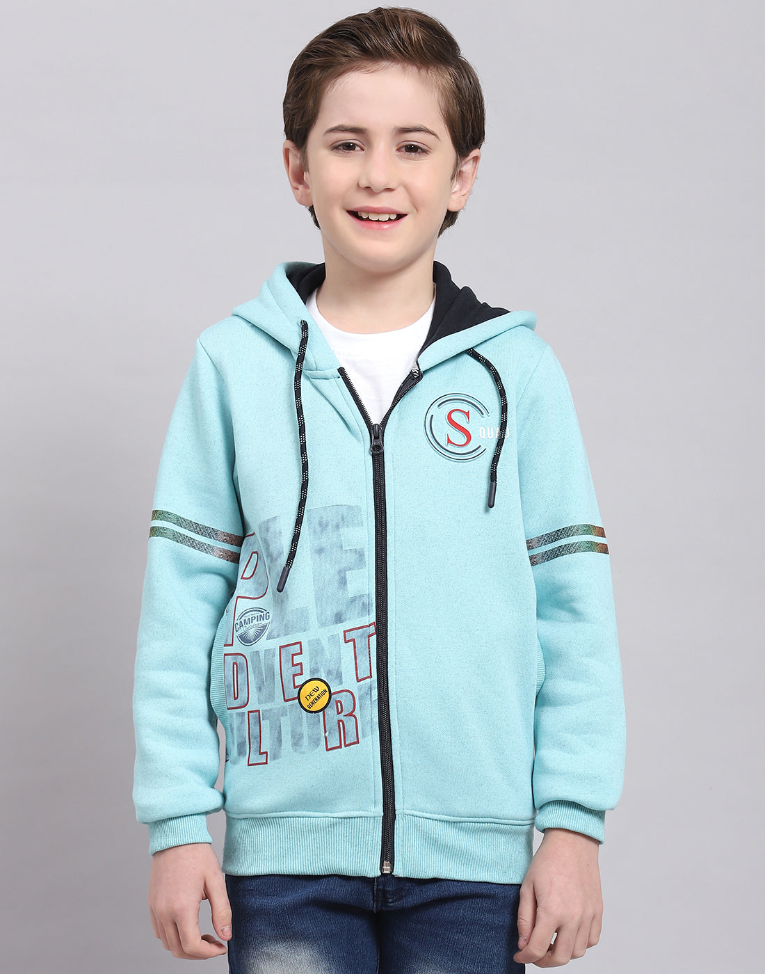 Boys Turquoise Blue Printed Hooded Full Sleeve Sweatshirt