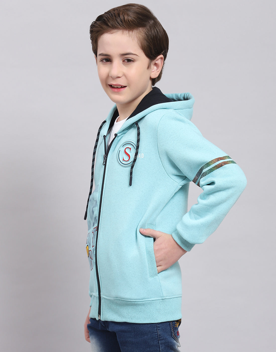 Boys Turquoise Blue Printed Hooded Full Sleeve Sweatshirt