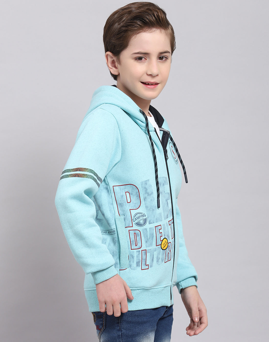 Boys Turquoise Blue Printed Hooded Full Sleeve Sweatshirt