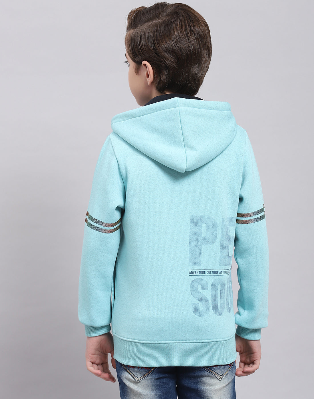 Boys Turquoise Blue Printed Hooded Full Sleeve Sweatshirt