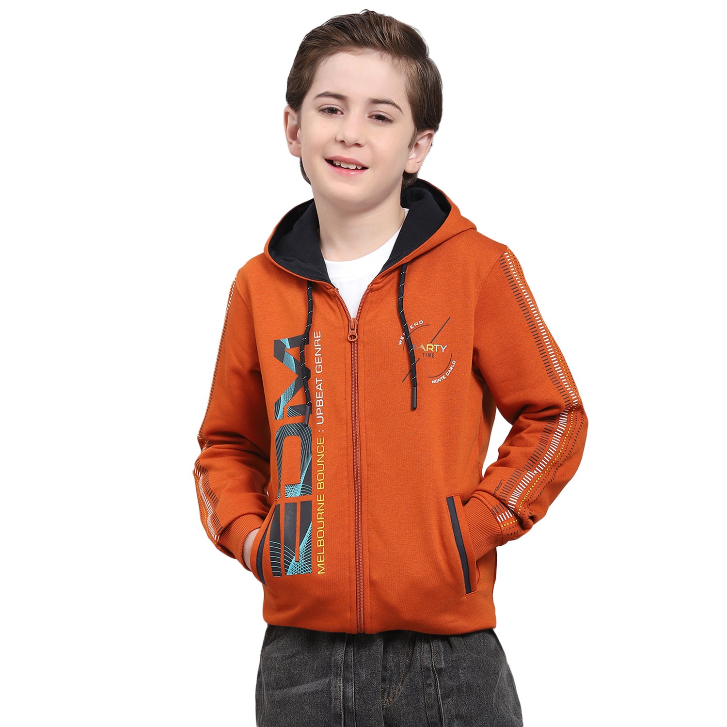 Boys Brown Printed Hooded Full Sleeve Sweatshirt