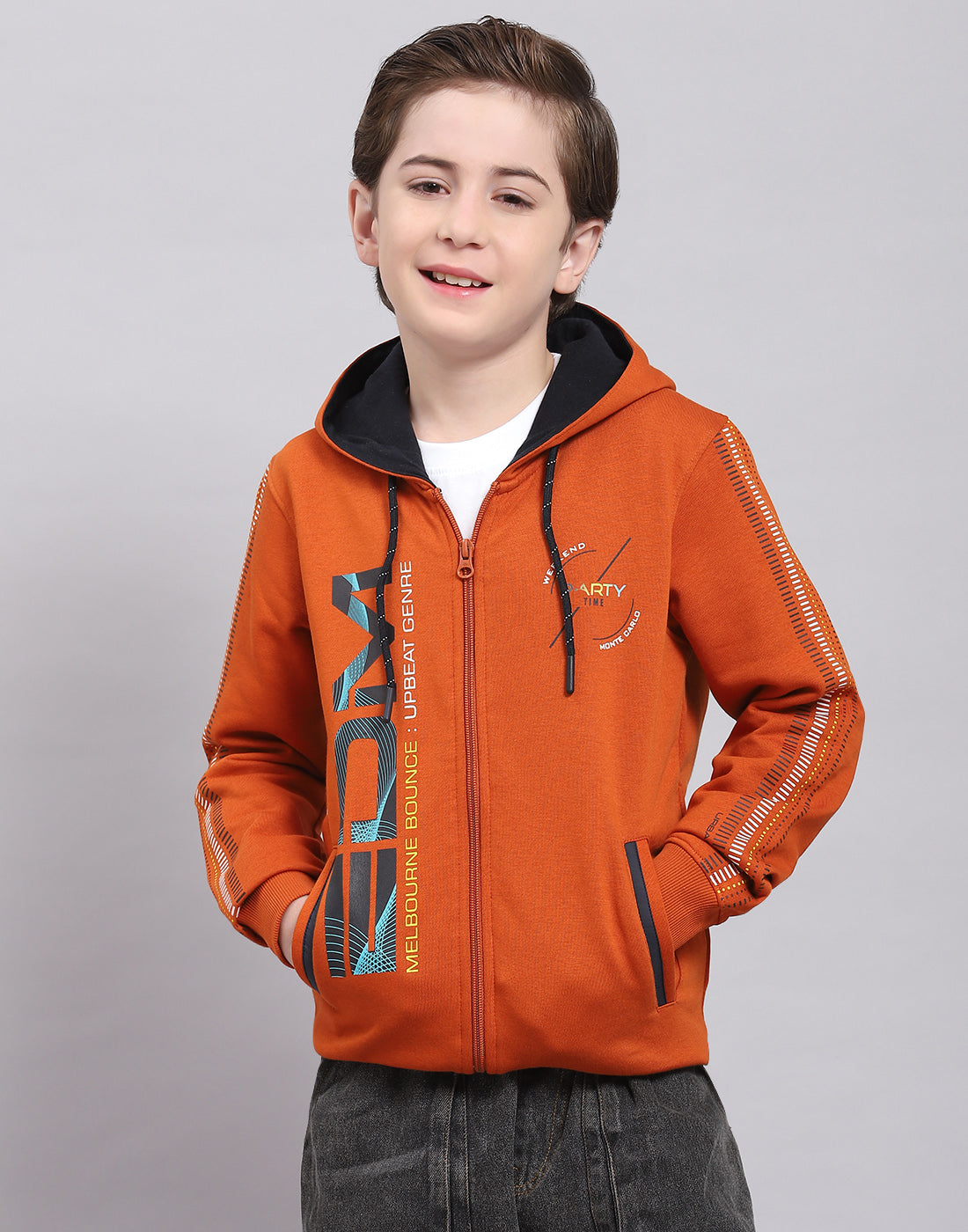 Boys Brown Printed Hooded Full Sleeve Sweatshirt