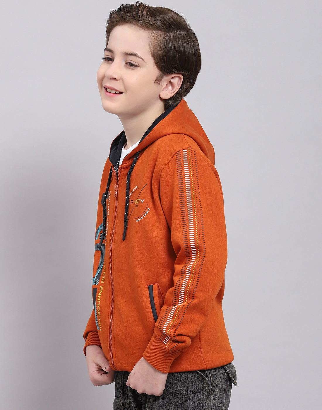 Boys Brown Printed Hooded Full Sleeve Sweatshirt