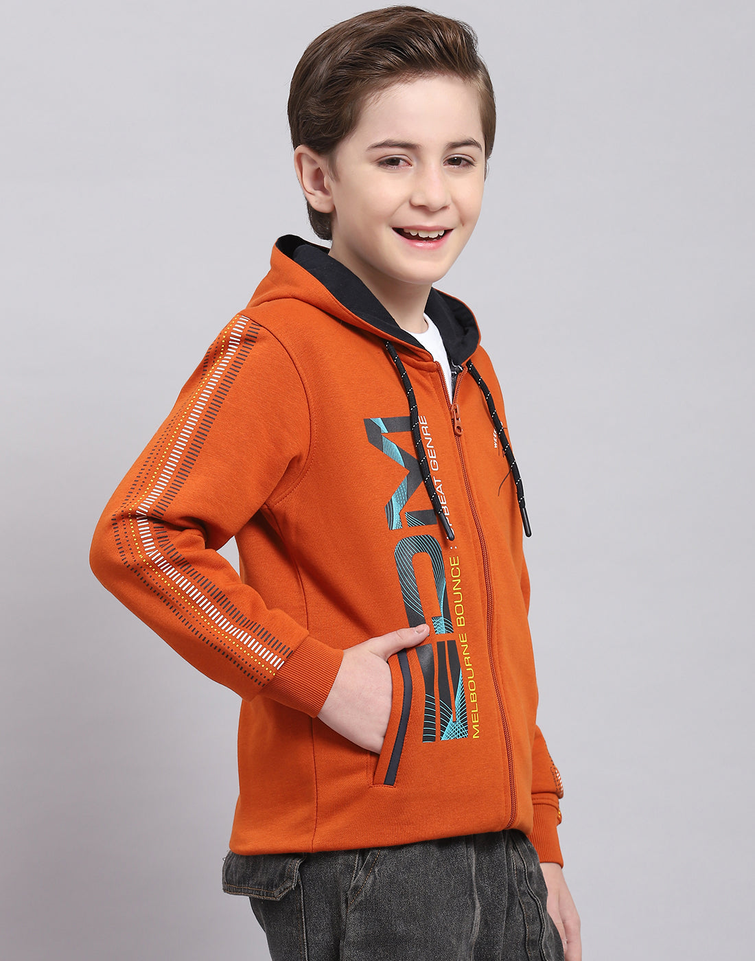 Boys Brown Printed Hooded Full Sleeve Sweatshirt