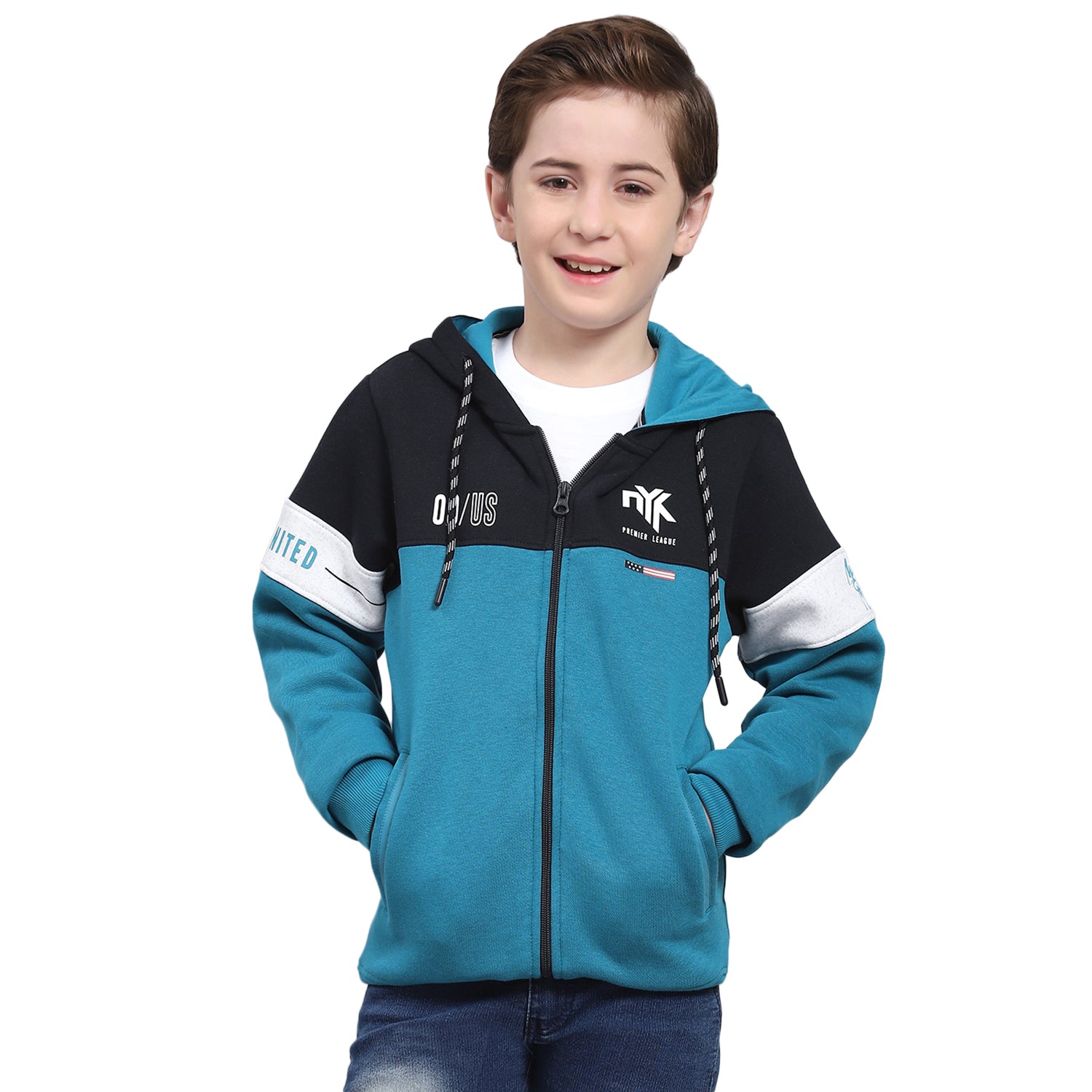 Boys Teal Blue Printed Hooded Full Sleeve Sweatshirt