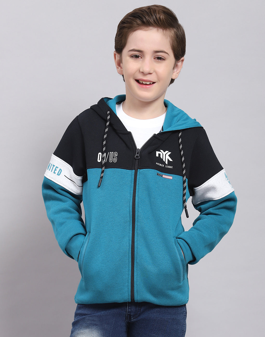 Boys Teal Blue Printed Hooded Full Sleeve Sweatshirt