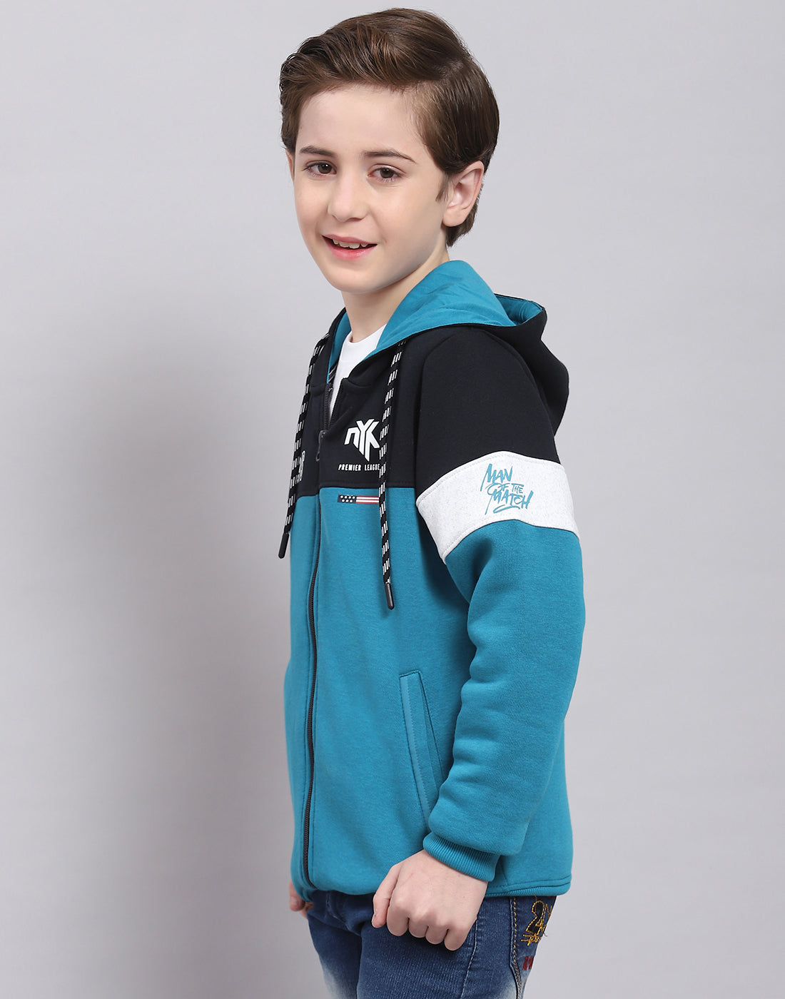 Boys Teal Blue Printed Hooded Full Sleeve Sweatshirt