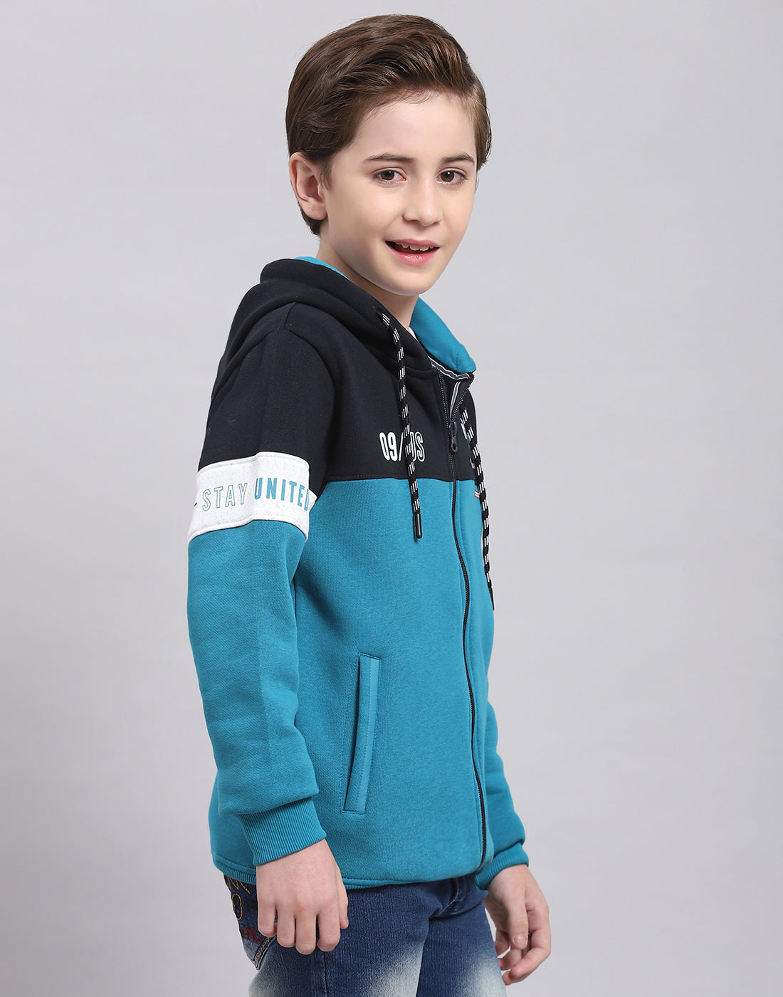 Boys Teal Blue Printed Hooded Full Sleeve Sweatshirt