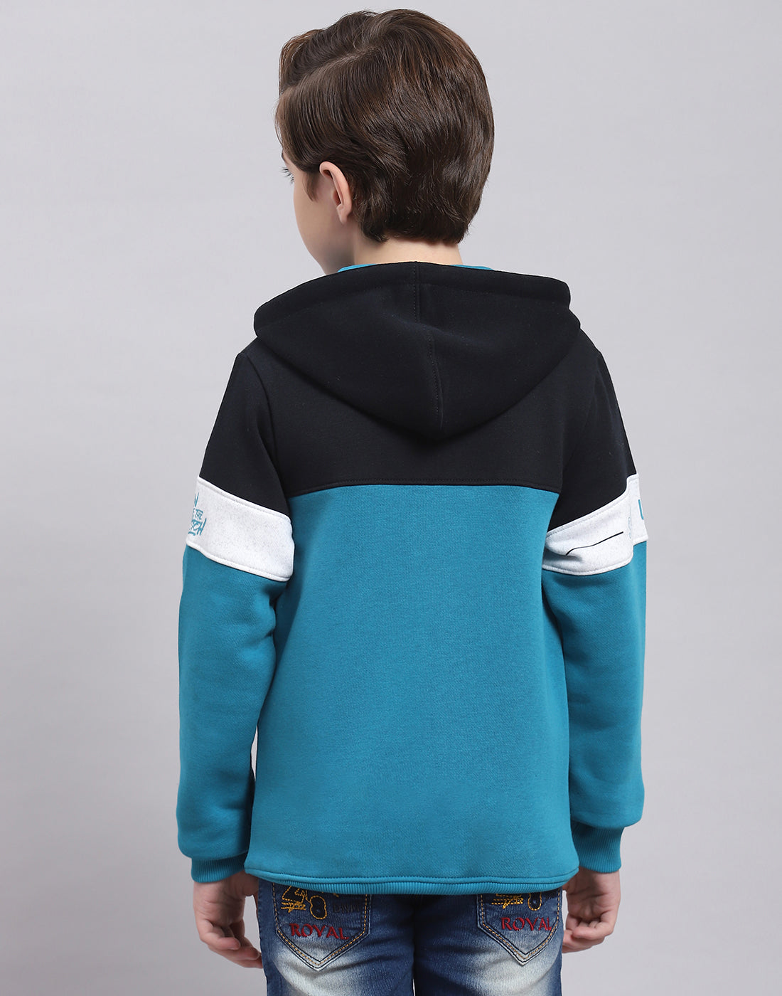 Boys Teal Blue Printed Hooded Full Sleeve Sweatshirt