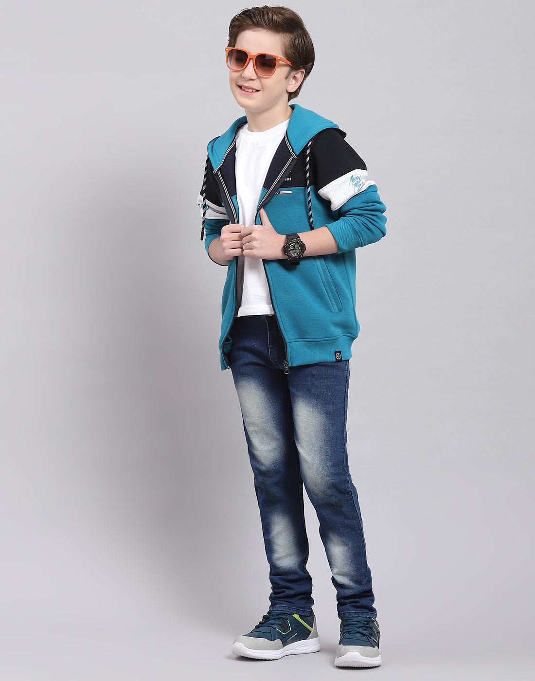 Boys Teal Blue Printed Hooded Full Sleeve Sweatshirt