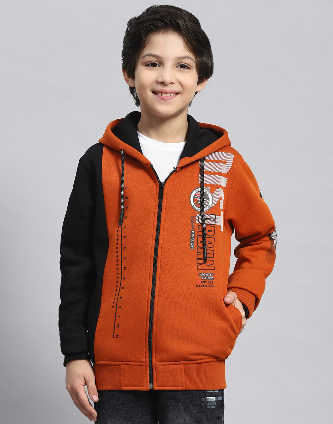 Boys Brown Printed Hooded Full Sleeve Sweatshirt