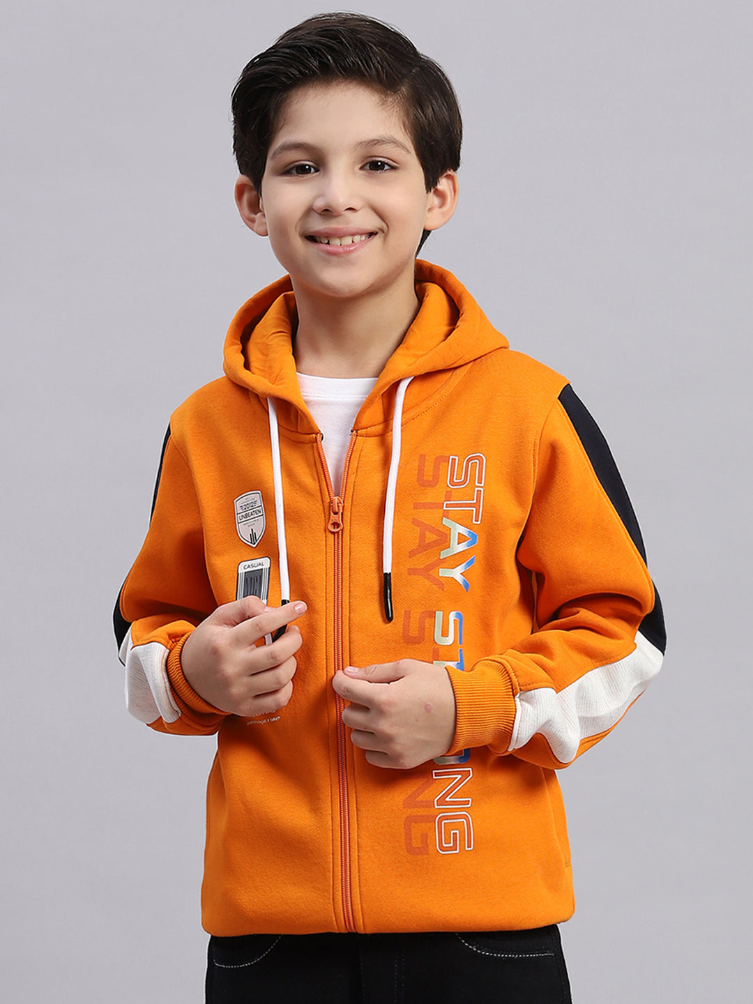 Boys Orange Printed Collar Full Sleeve Sweatshirt