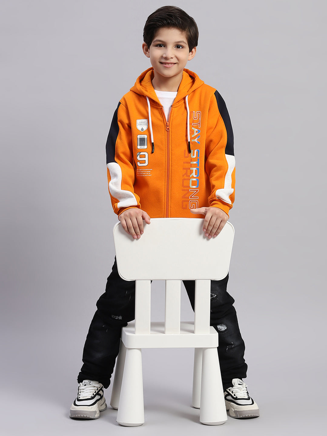 Boys Orange Printed Collar Full Sleeve Sweatshirt