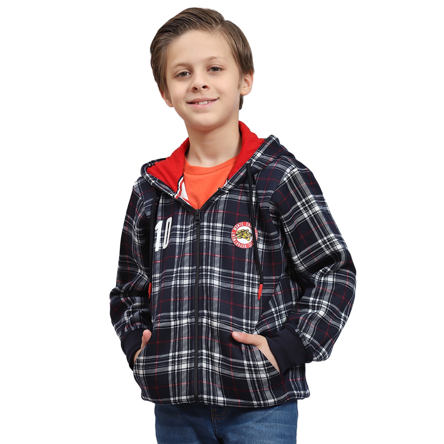 Boys Navy Blue Check Hooded Full Sleeve Sweatshirt