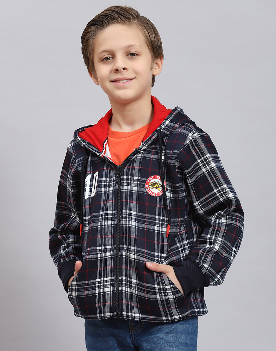 Boys Navy Blue Check Hooded Full Sleeve Sweatshirt