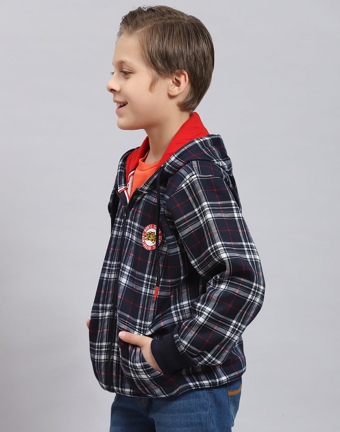 Boys Navy Blue Check Hooded Full Sleeve Sweatshirt