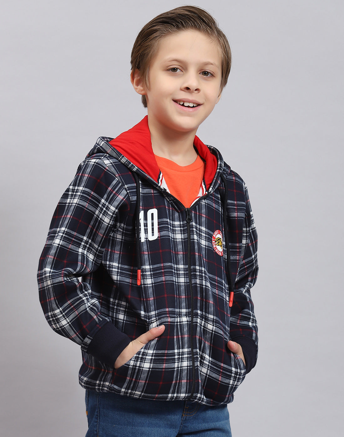 Boys Navy Blue Check Hooded Full Sleeve Sweatshirt