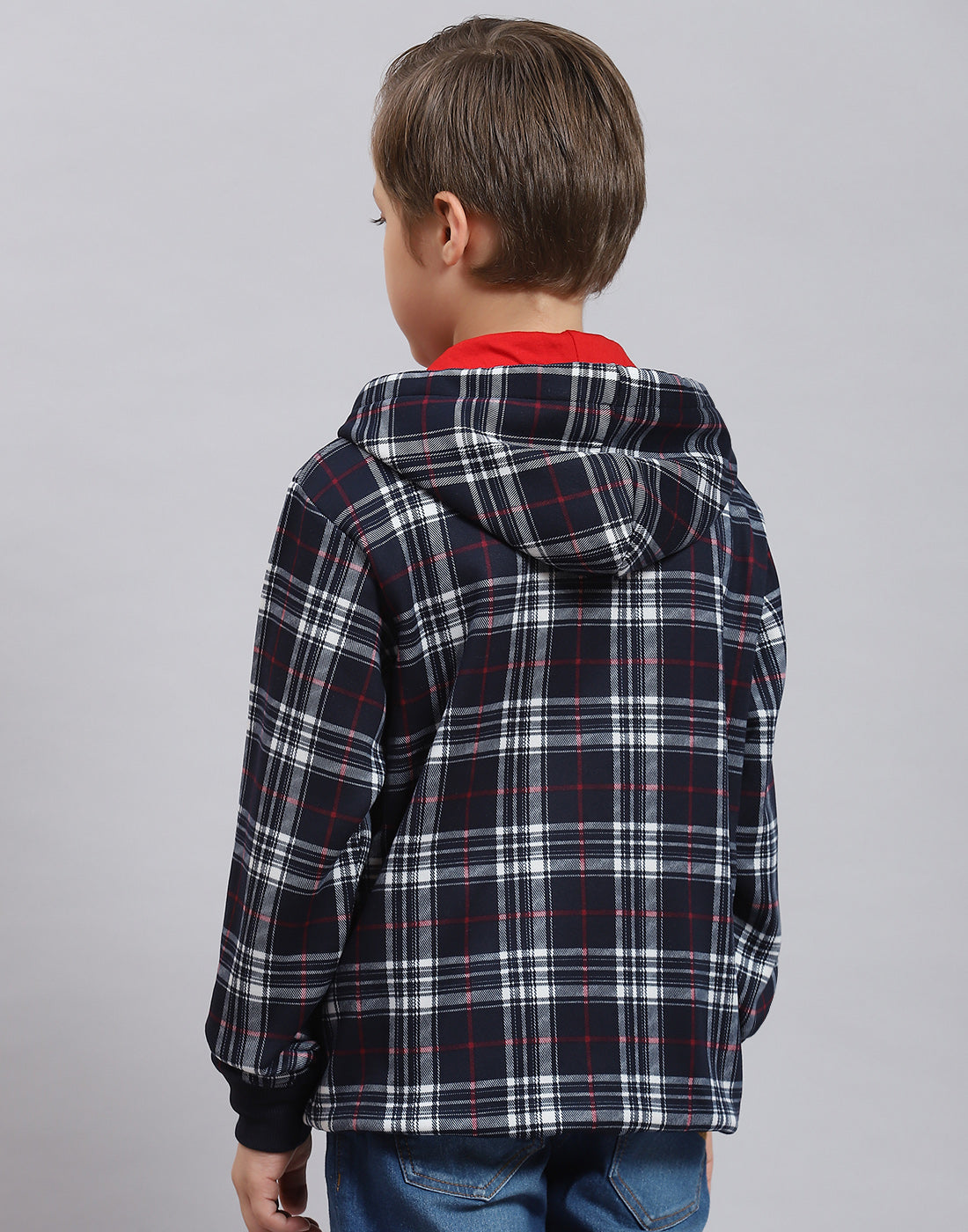 Boys Navy Blue Check Hooded Full Sleeve Sweatshirt