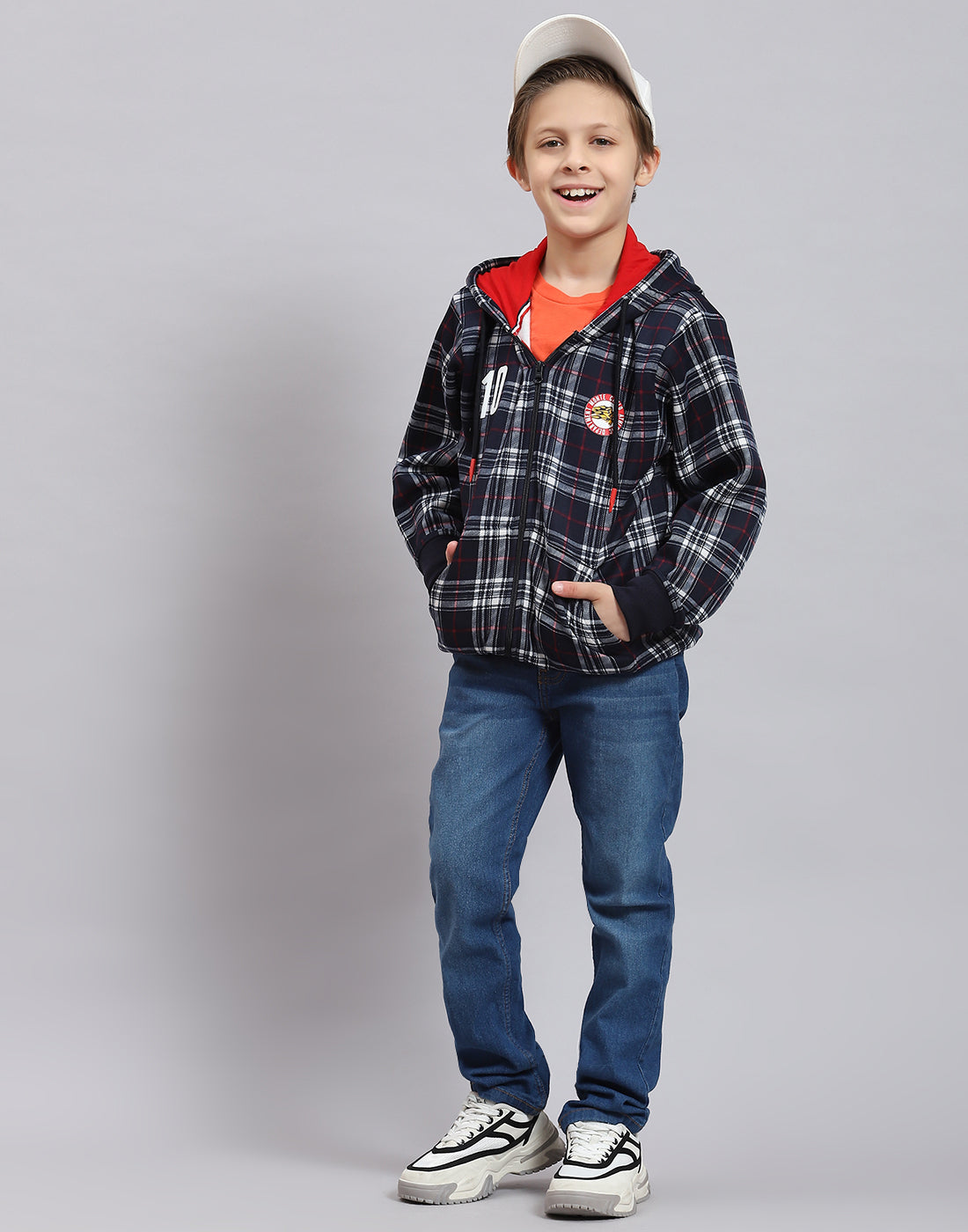 Boys Navy Blue Check Hooded Full Sleeve Sweatshirt