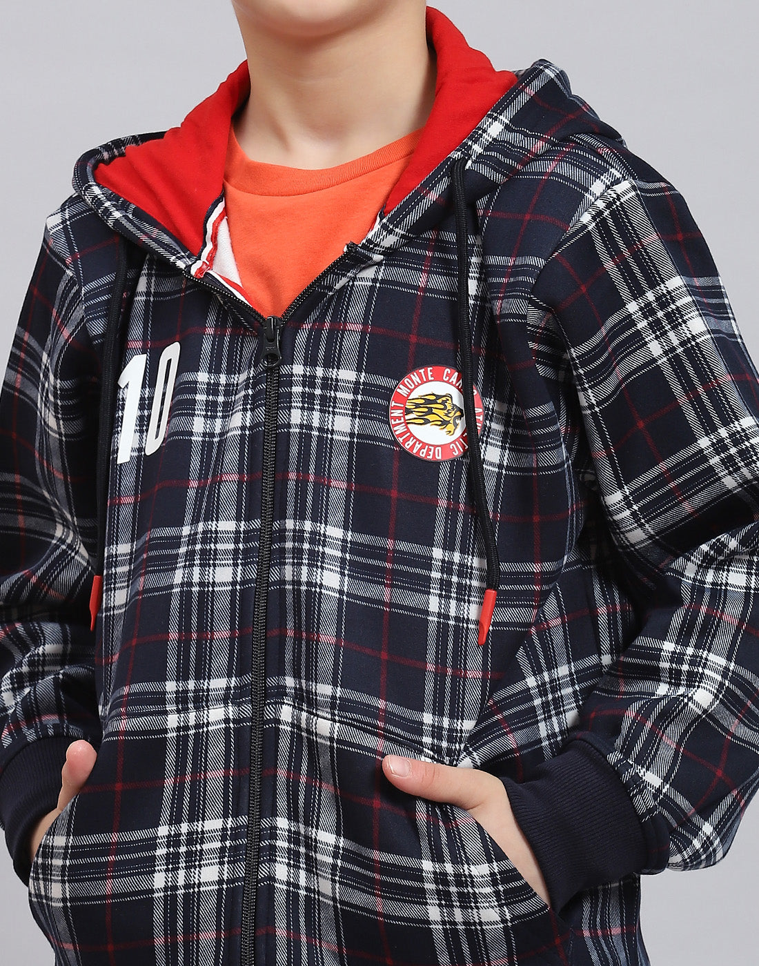 Boys Navy Blue Check Hooded Full Sleeve Sweatshirt