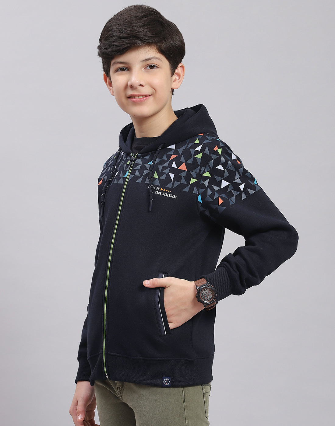 Boys Navy Blue Printed Hooded Full Sleeve Sweatshirt