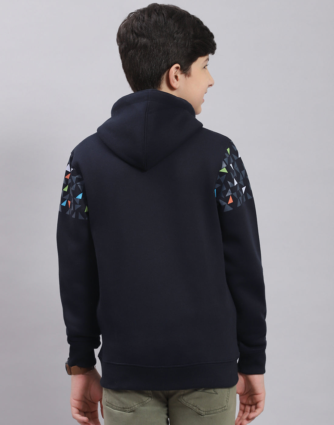 Boys Navy Blue Printed Hooded Full Sleeve Sweatshirt