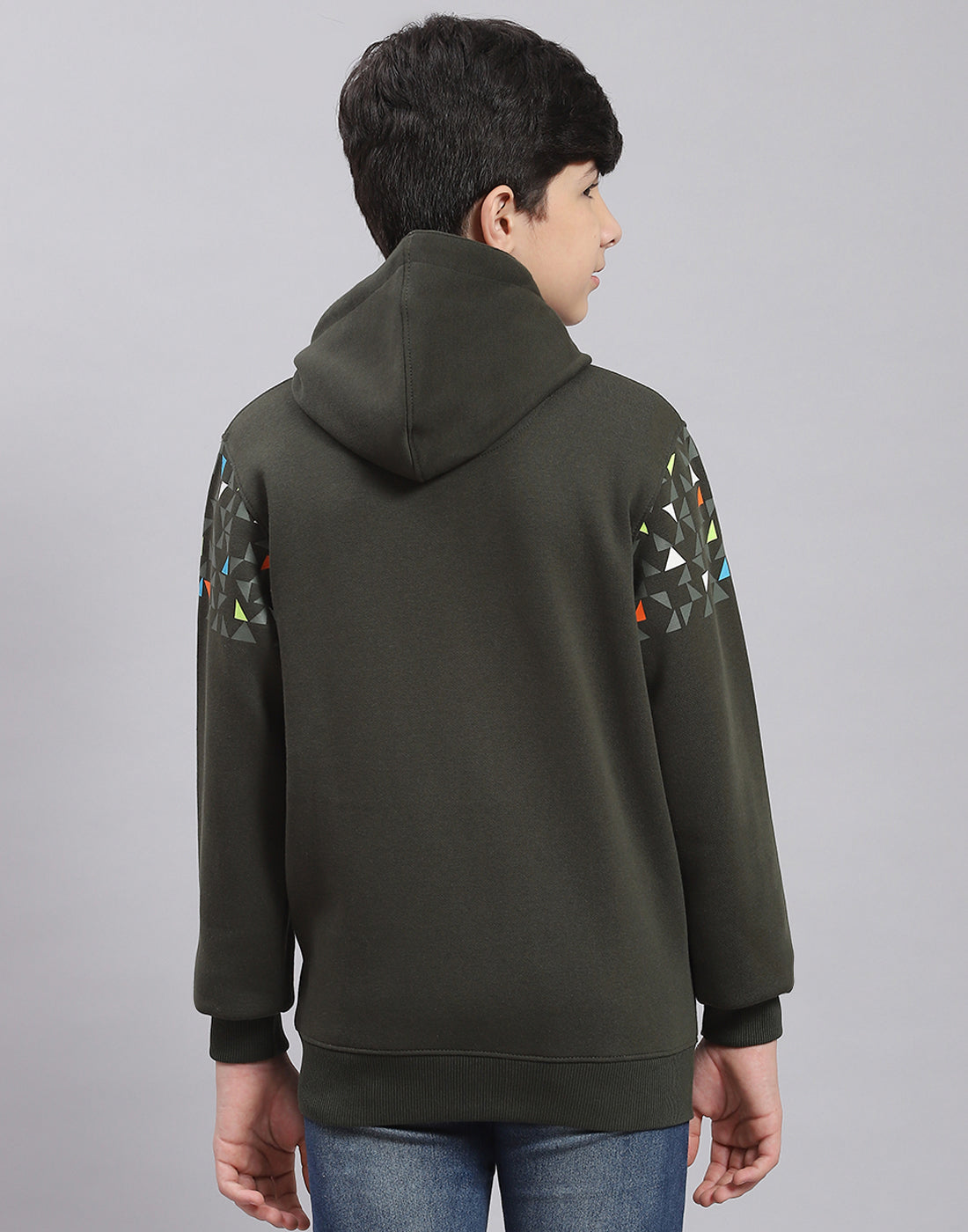 Boys Olive Printed Hooded Full Sleeve Sweatshirt