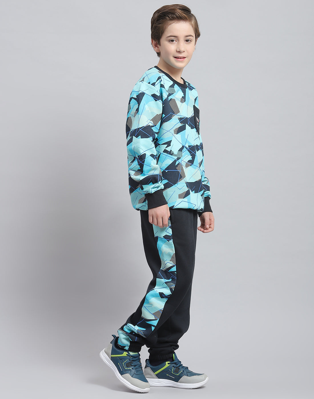 Boys Aqua Blue Printed Round Neck Full Sleeve Tracksuit