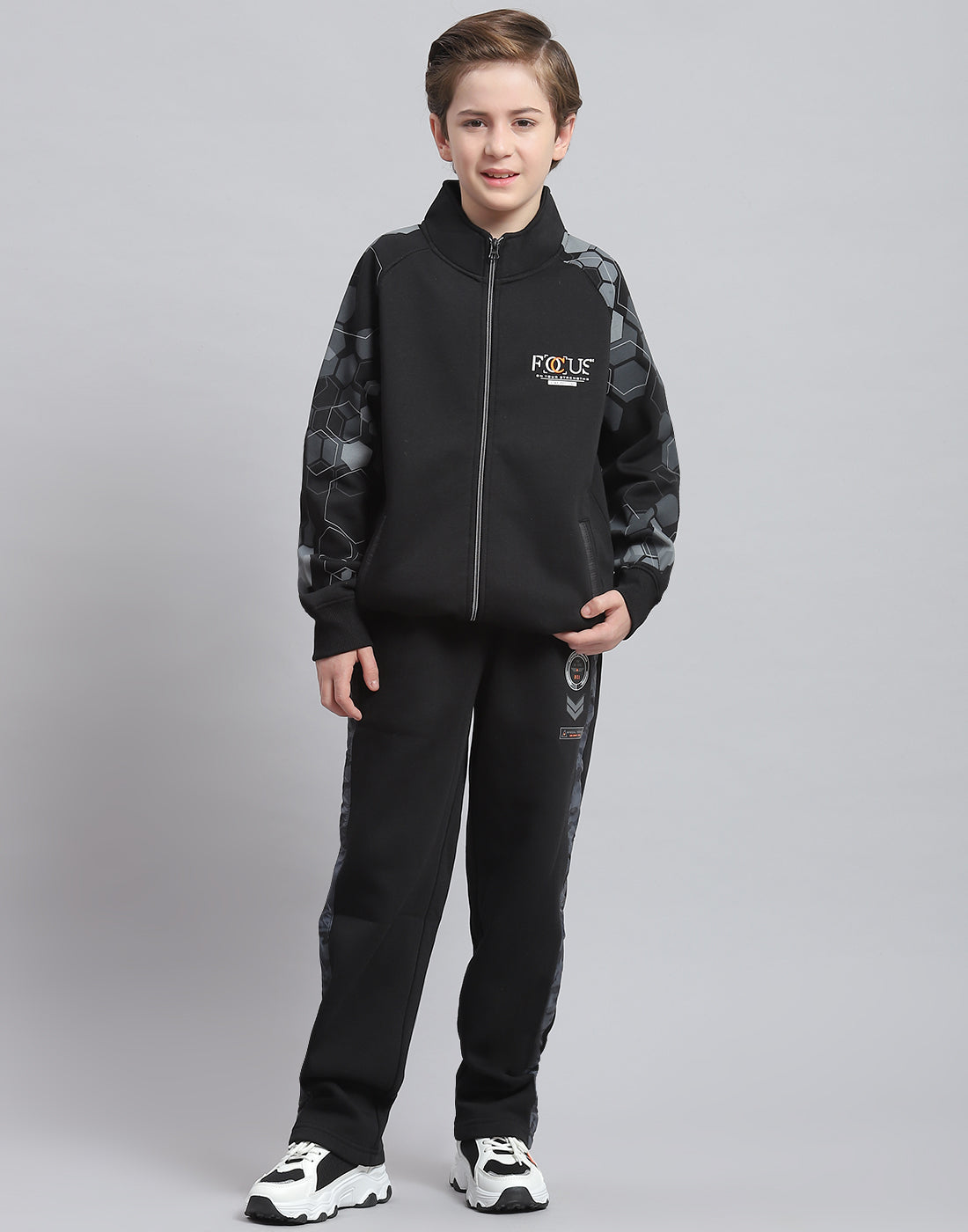 Boys Black Printed Stand Collar Full Sleeve Tracksuit