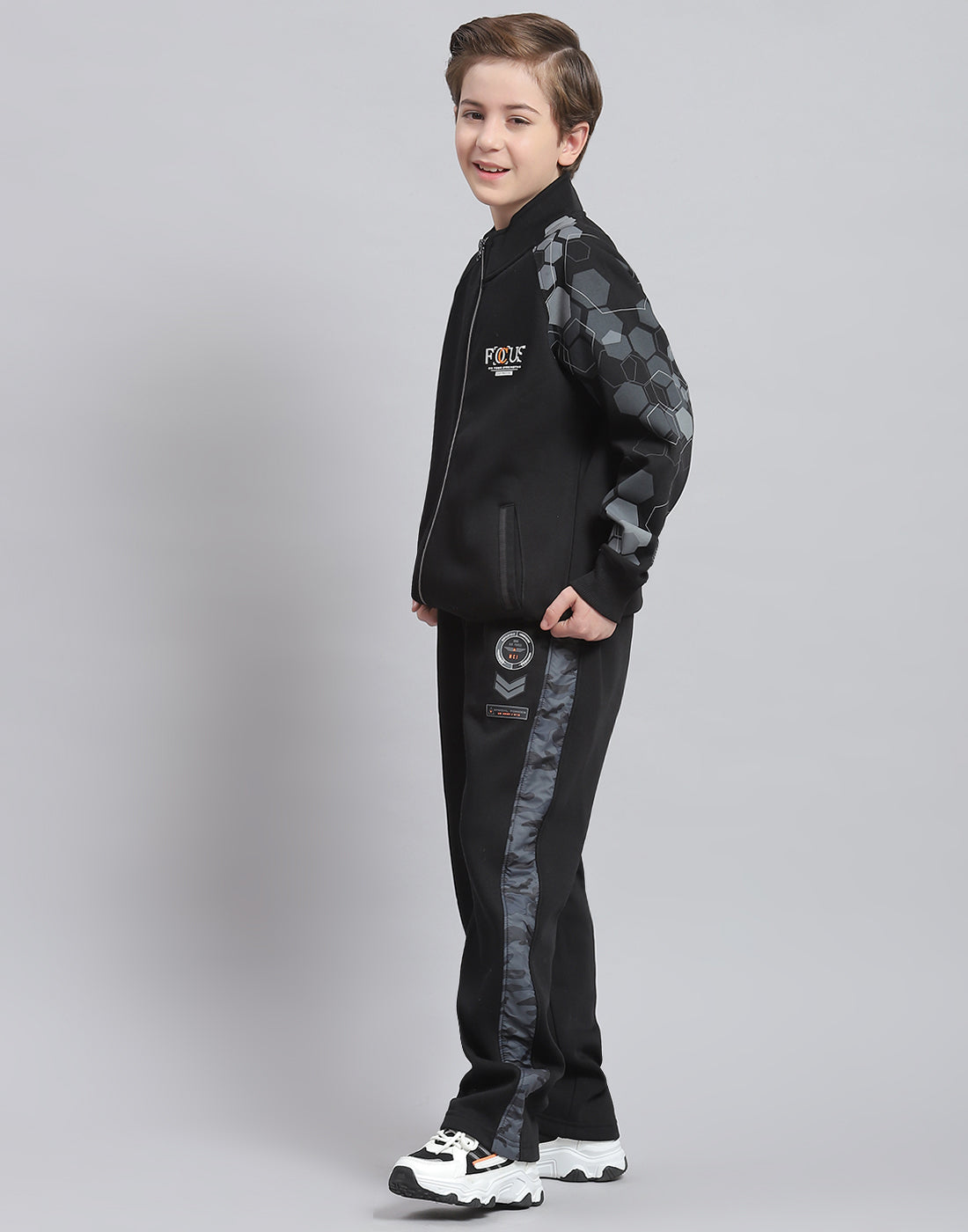 Boys Black Printed Stand Collar Full Sleeve Tracksuit