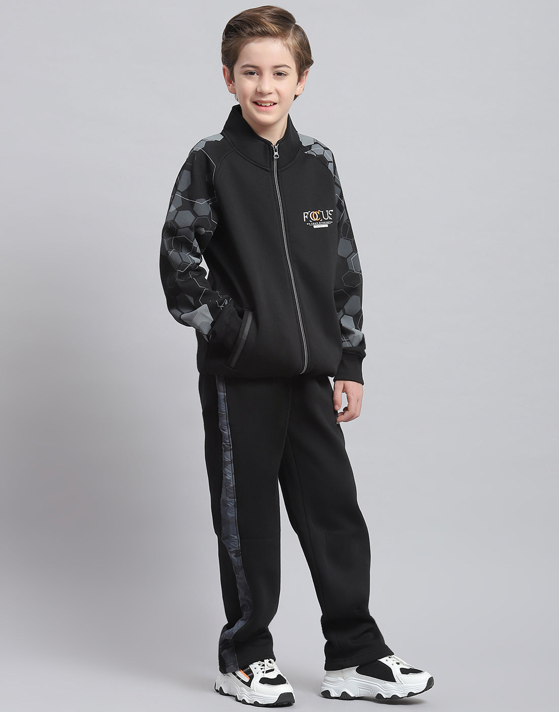 Boys Black Printed Stand Collar Full Sleeve Tracksuit