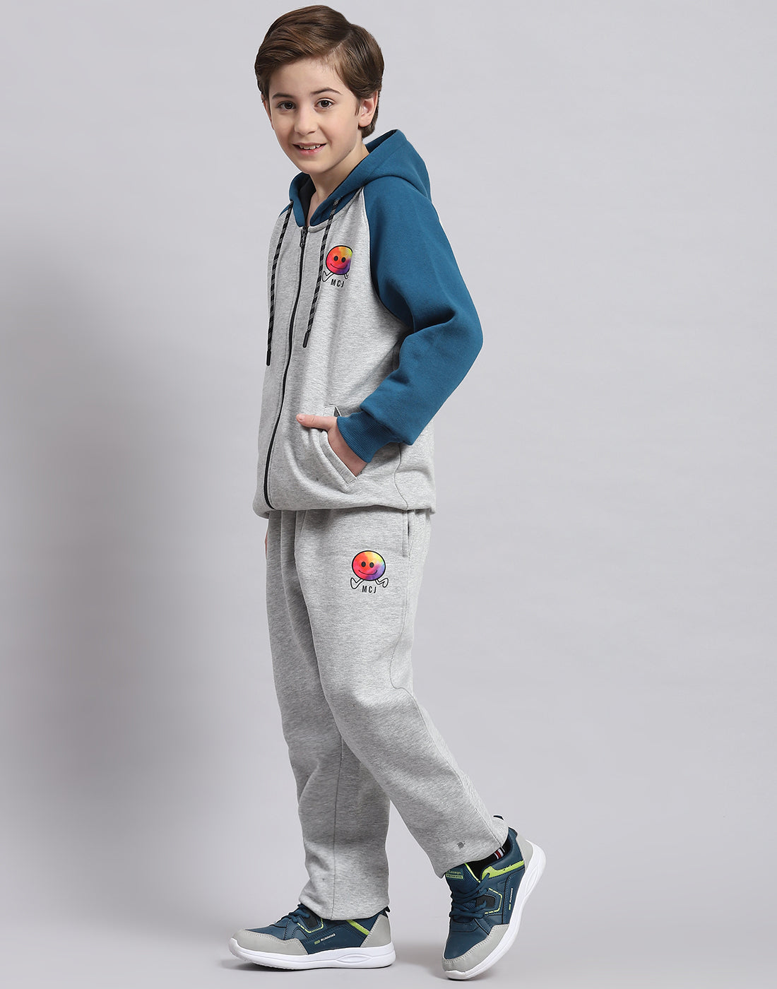 Boys Grey Melange Printed Hooded Full Sleeve Tracksuit