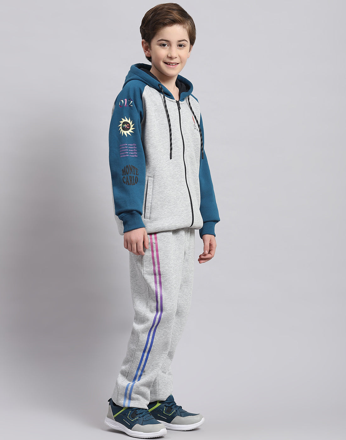 Boys Grey Melange Printed Hooded Full Sleeve Tracksuit