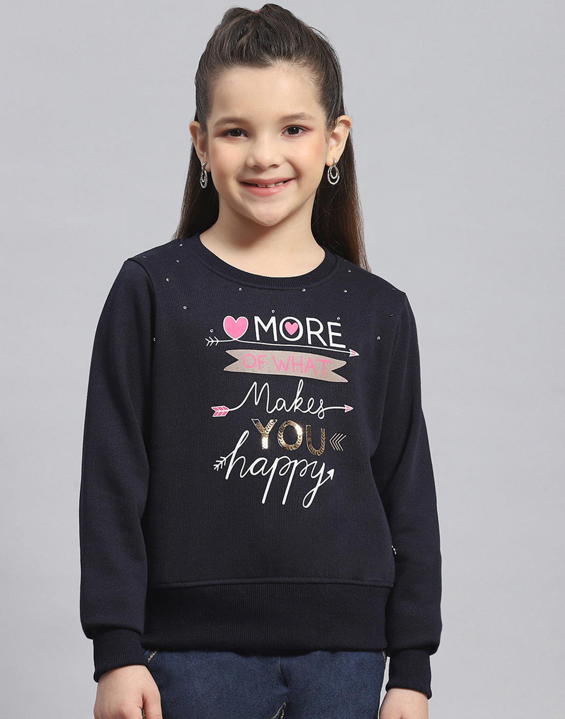 Girls Navy Blue Printed Round Neck Full Sleeve Sweatshirt