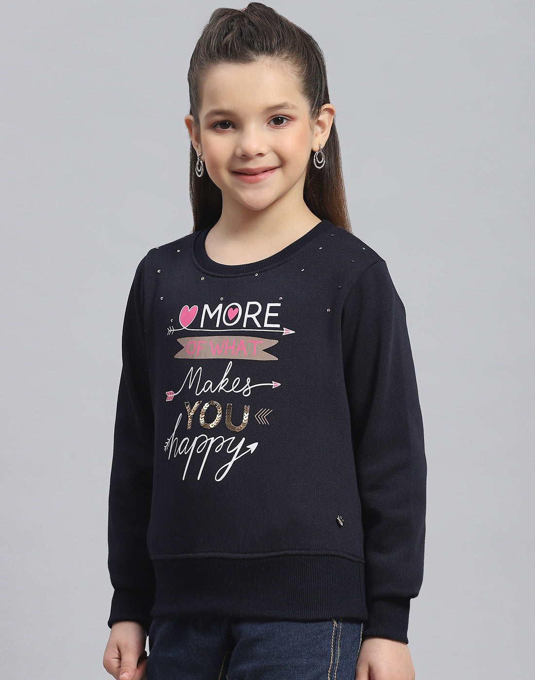 Girls Navy Blue Printed Round Neck Full Sleeve Sweatshirt