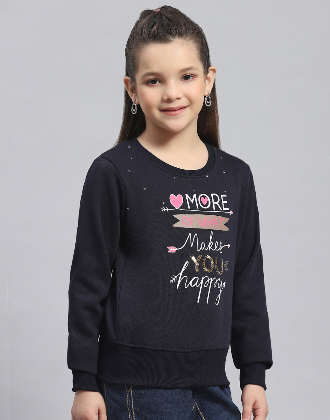 Girls Navy Blue Printed Round Neck Full Sleeve Sweatshirt