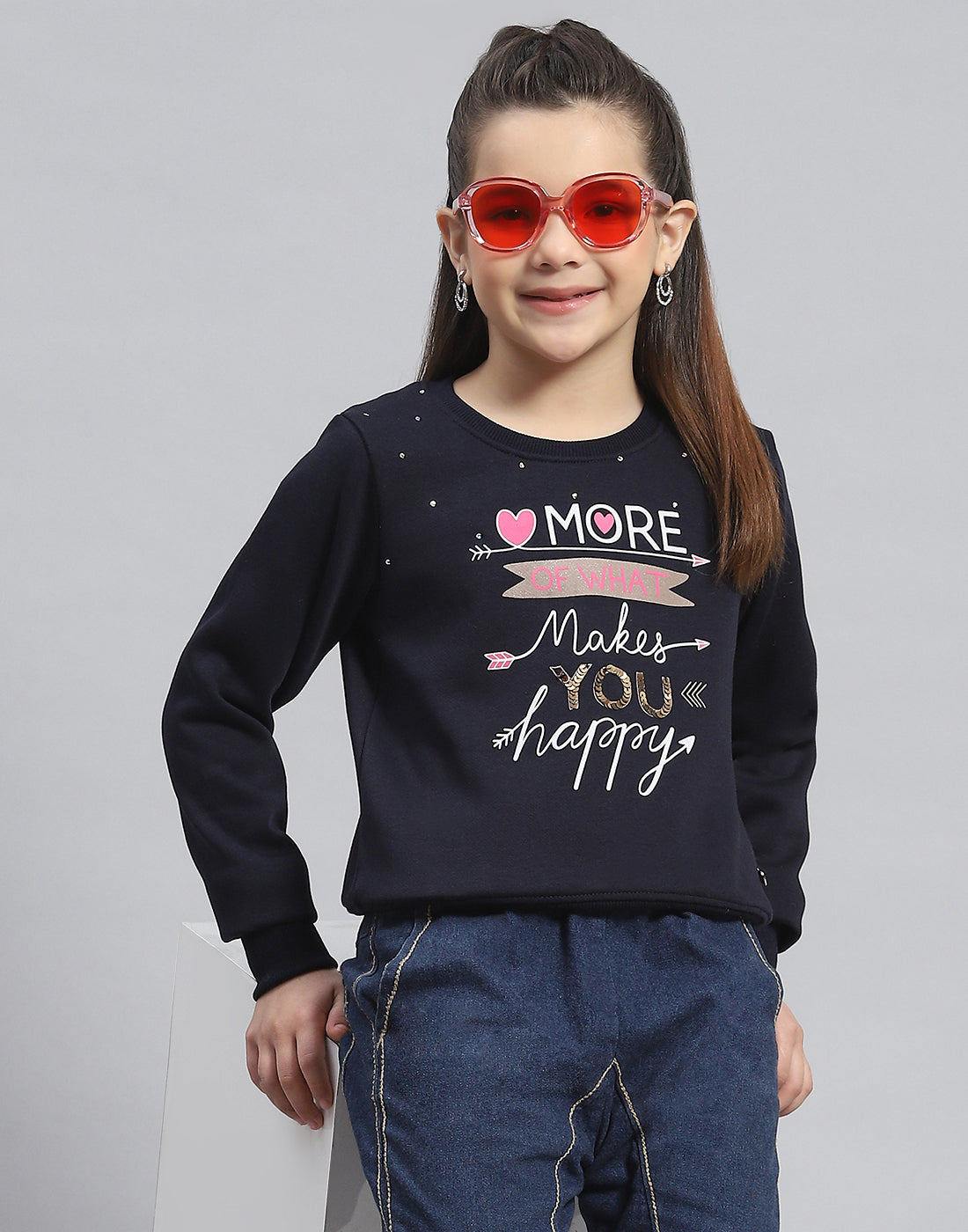 Girls Navy Blue Printed Round Neck Full Sleeve Sweatshirt