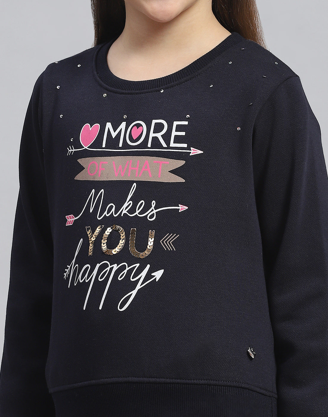 Girls Navy Blue Printed Round Neck Full Sleeve Sweatshirt