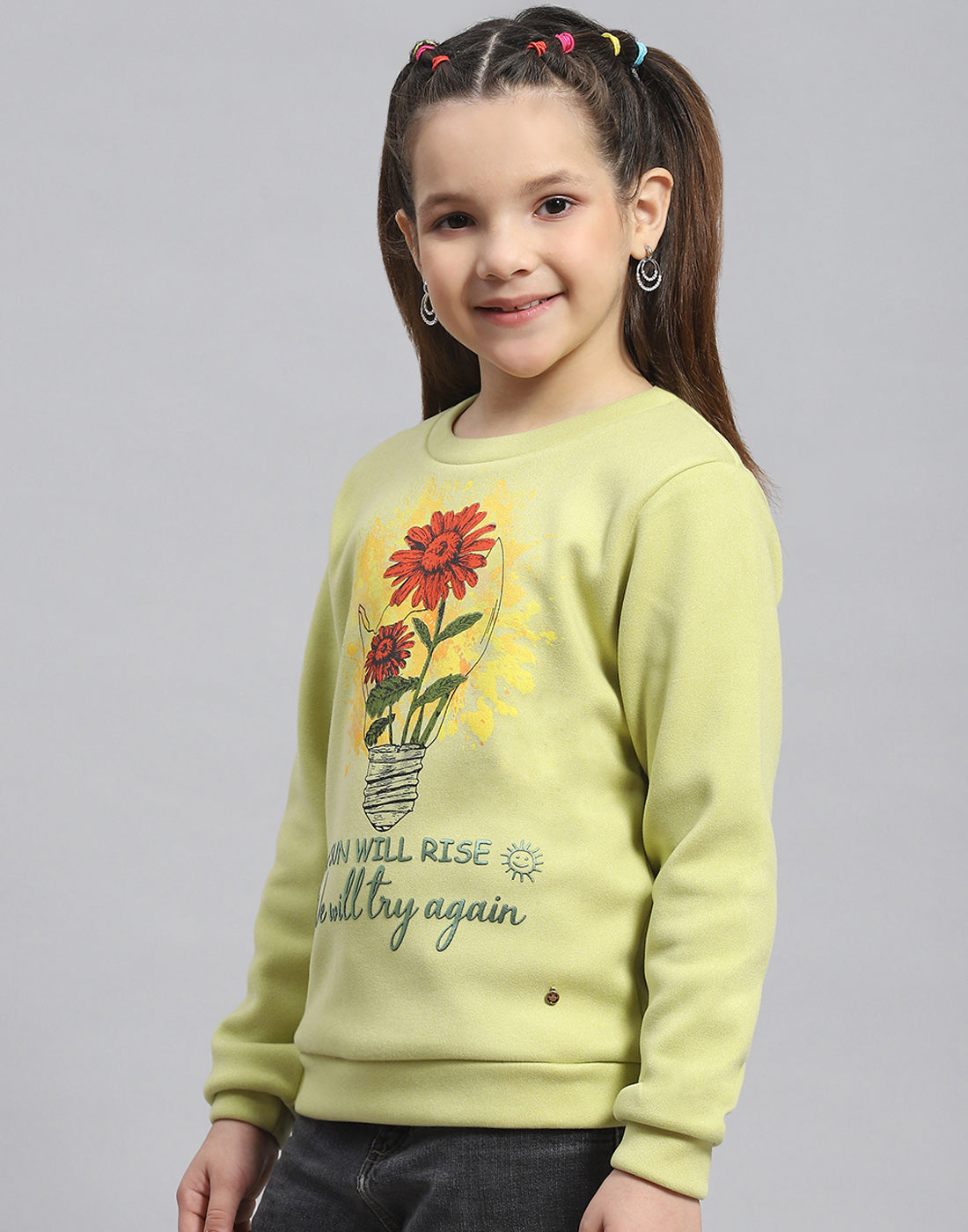 Girls Green Printed Round Neck Full Sleeve Sweatshirt