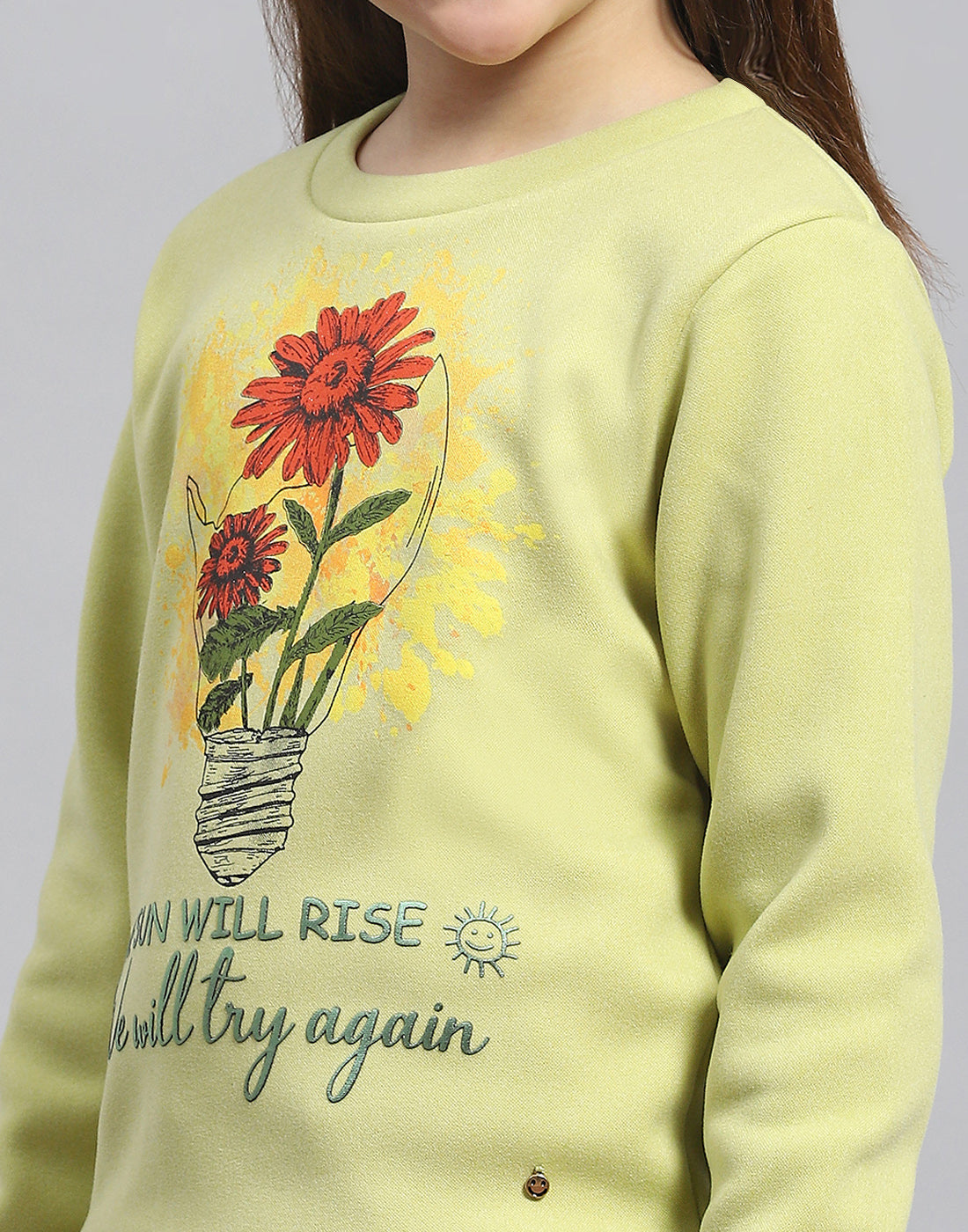 Girls Green Printed Round Neck Full Sleeve Sweatshirt