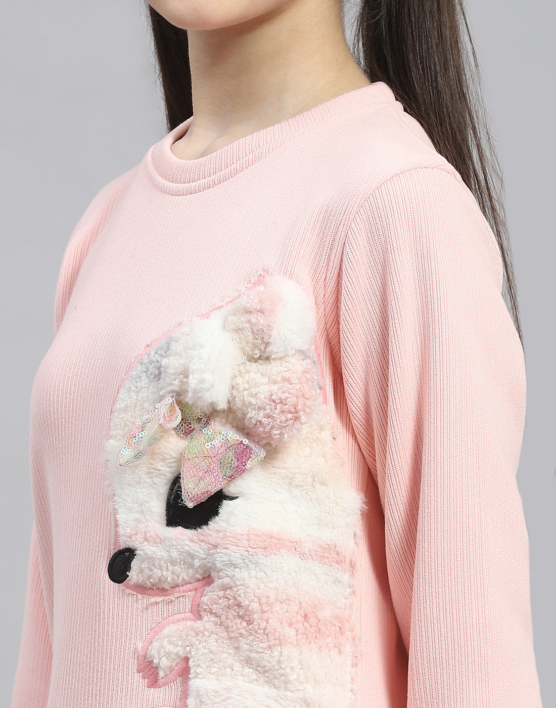 Girls Pink Embroidered Round Neck Full Sleeve Sweatshirt