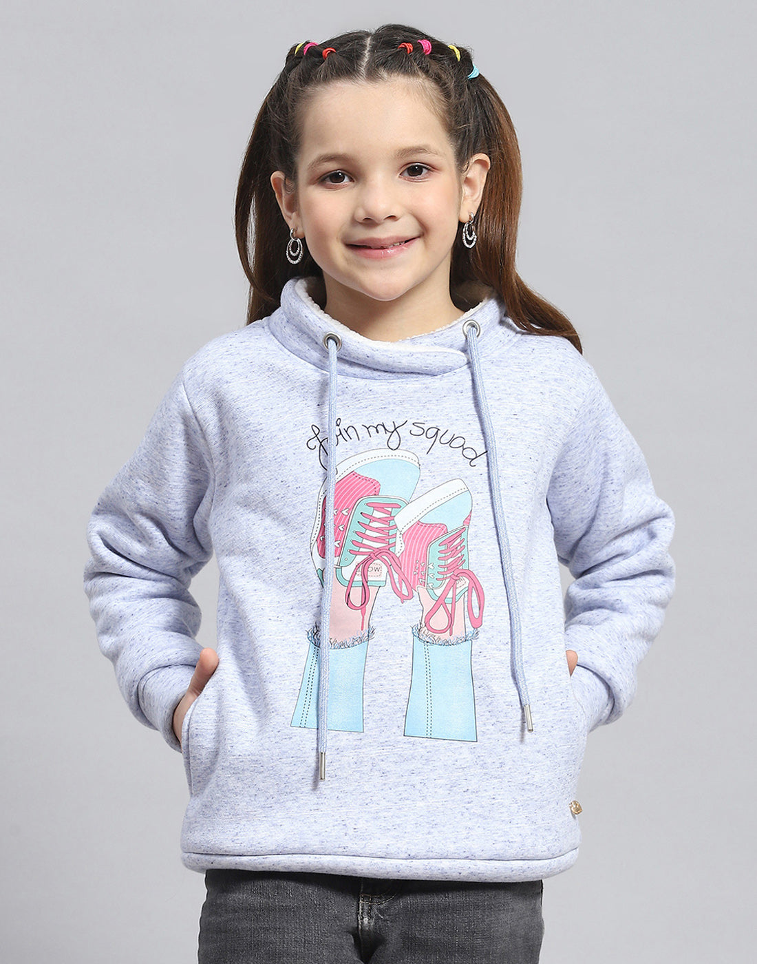 Girls Blue Printed Round Neck Full Sleeve Sweatshirt