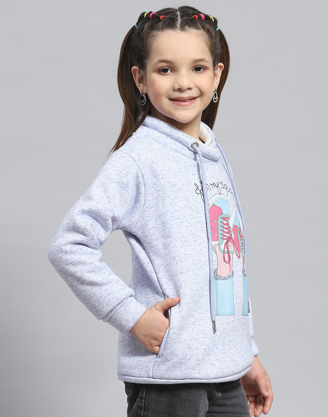 Girls Blue Printed Round Neck Full Sleeve Sweatshirt