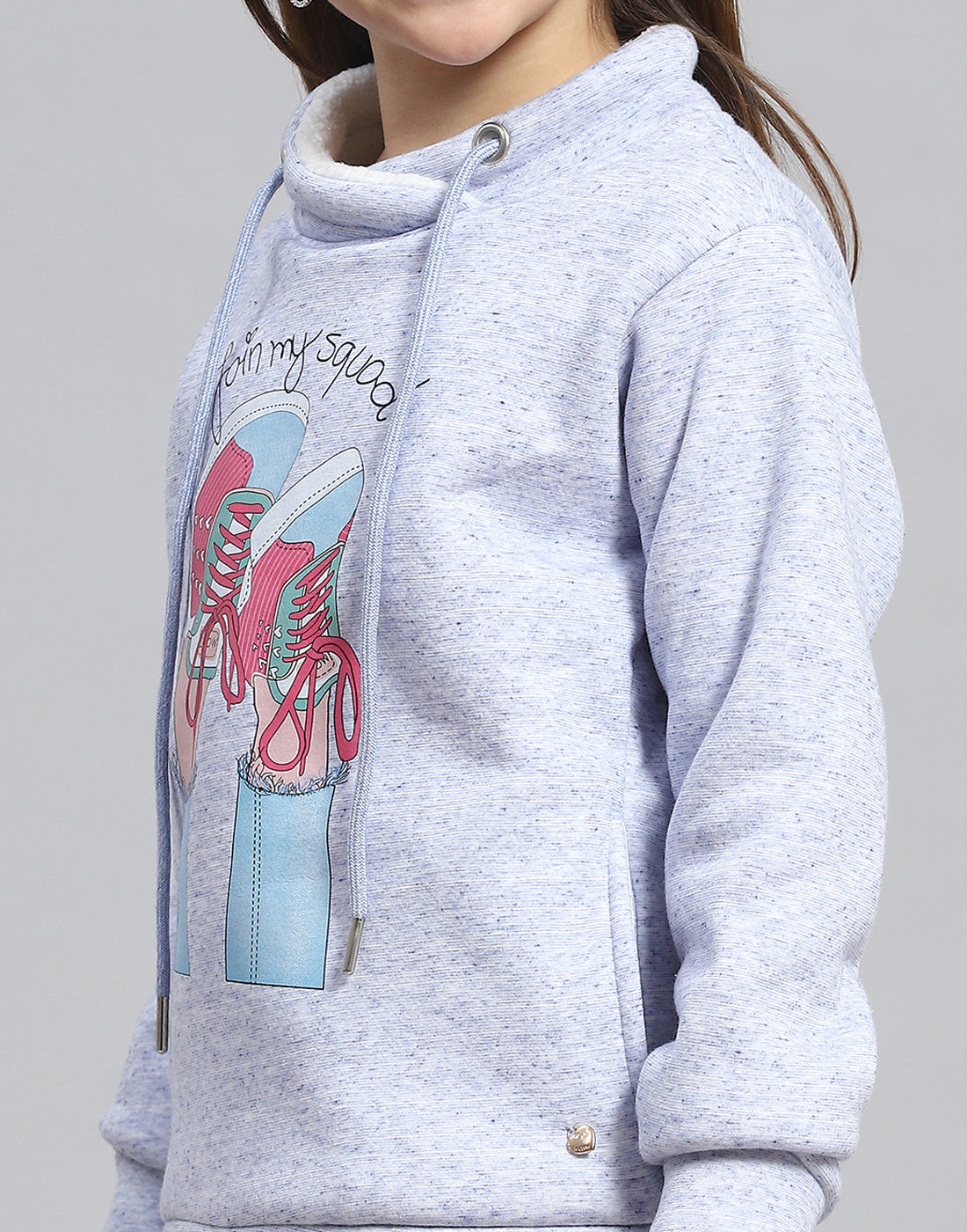 Girls Blue Printed Round Neck Full Sleeve Sweatshirt