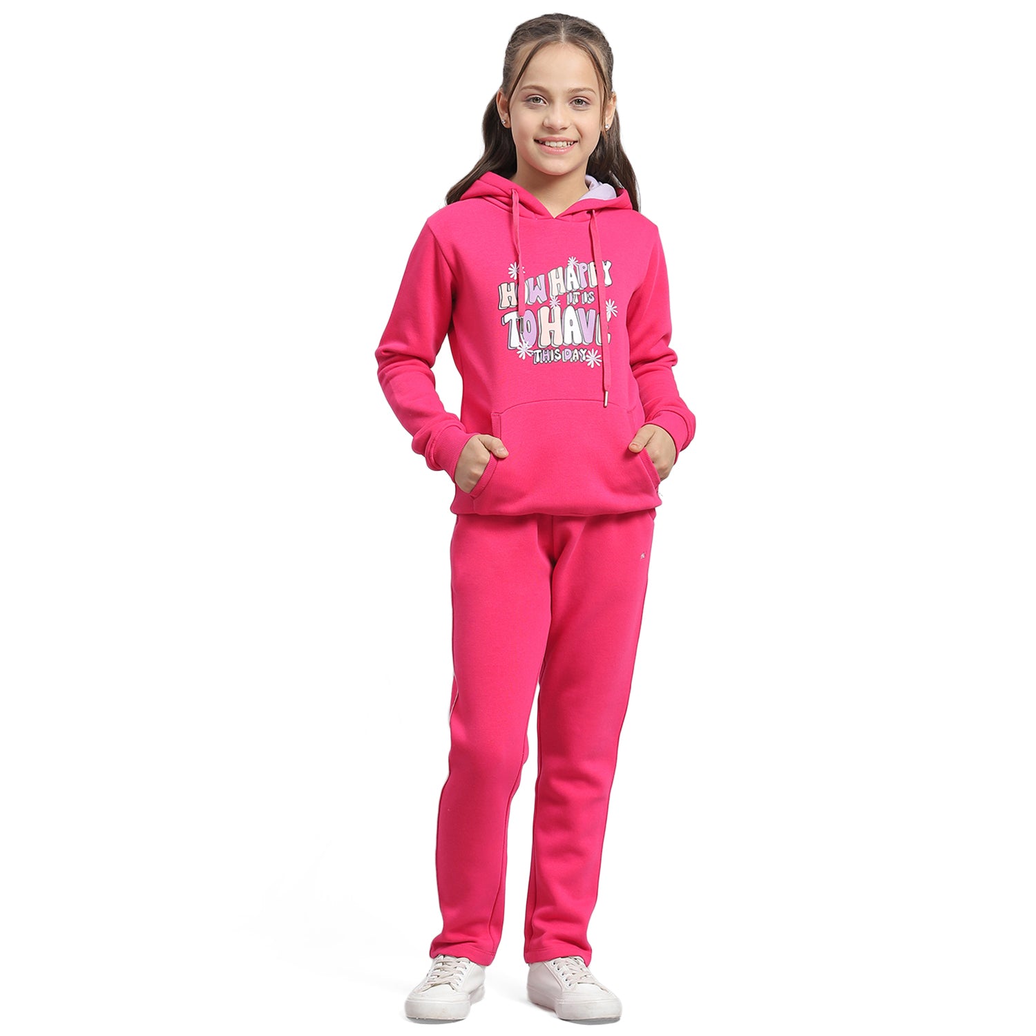 Girls Magenta Printed Hooded Full Sleeve Sweatshirt